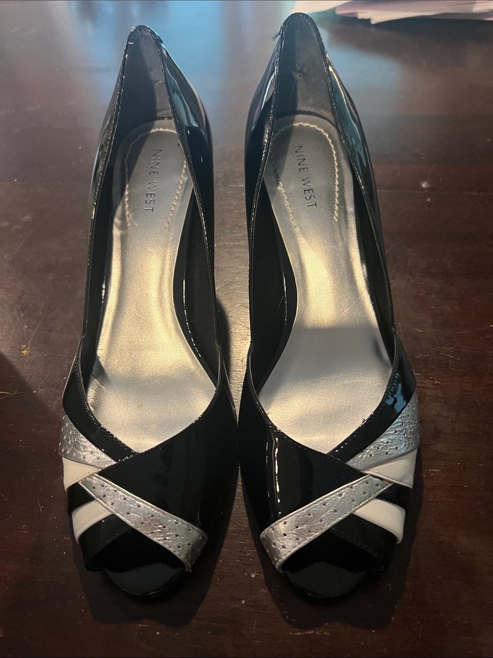 Nine West Black Patent Peep-Toe Heels with Silver Accents